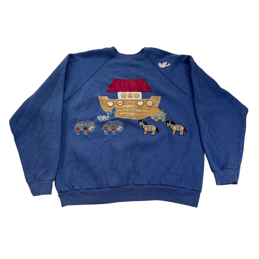 Upcycled Noahs Ark Sweatshirt Womens Large Blue Vintage 90s Applique Button USA